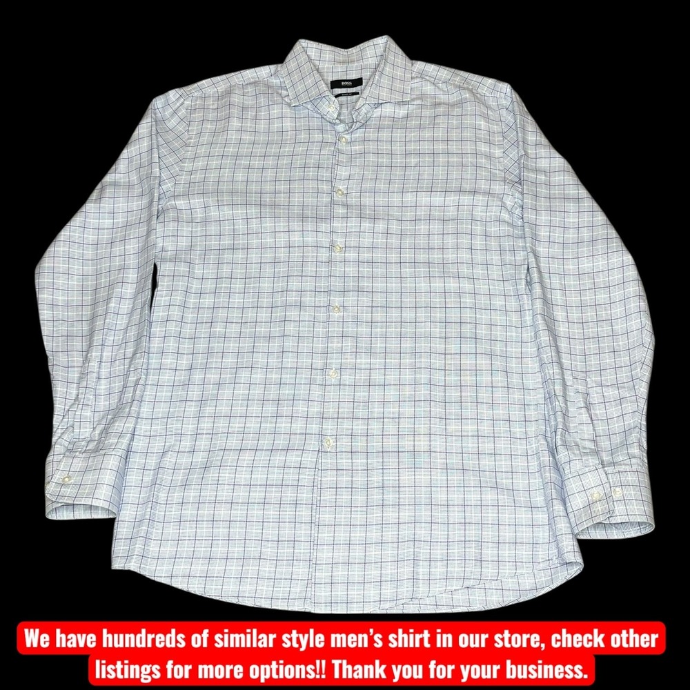 Hugo Boss Mens Sharp Fit Dress Shirt Purple White Check 17 34/35 Long Sleeve